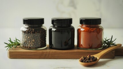 Three spice jars filled with peppercorns, black garlic, and paprika, arranged on a wooden board with rosemary sprigs