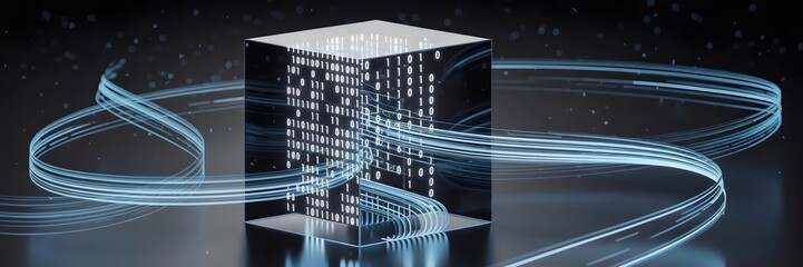 Floating cube with glowing binary code in dark void – Ideal for data science, tech branding, or abstract technology concepts