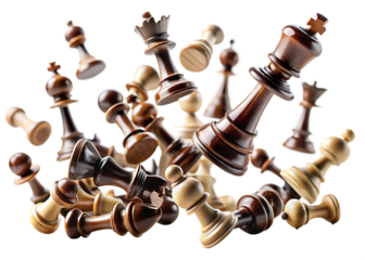 Many Brown and Beige Wooden Chess Pieces Falling Dynamically Studio Shot A I G E N E R A T E D - P N G isolated on a transparent background