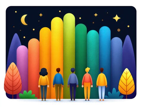 A group of diverse individuals standing together under a starry night sky observing colorful vibrant vertical bars representing growth collaboration and unity in a peaceful setting