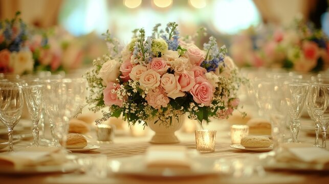 Elegant floral centerpiece on a table set for dining - Powered by Adobe