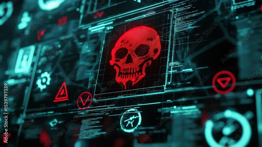 Poster A red digital skull appears on a computer interface, symbolizing a cybersecurity threat or hacking danger.