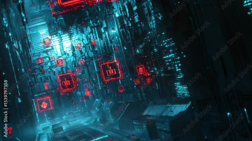 Poster A futuristic digital environment with glowing red padlock icons symbolizing cybersecurity and data protection.
