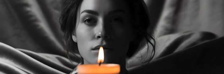 Black and white candlelit portrait of contemplative woman in shadow – Perfect for duality, mood, or artistic photography