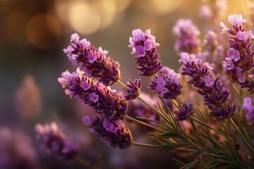 Soft purple lavender sprig in focus on a dreamy light blurred background, tranquil and aromatic floral aesthetic