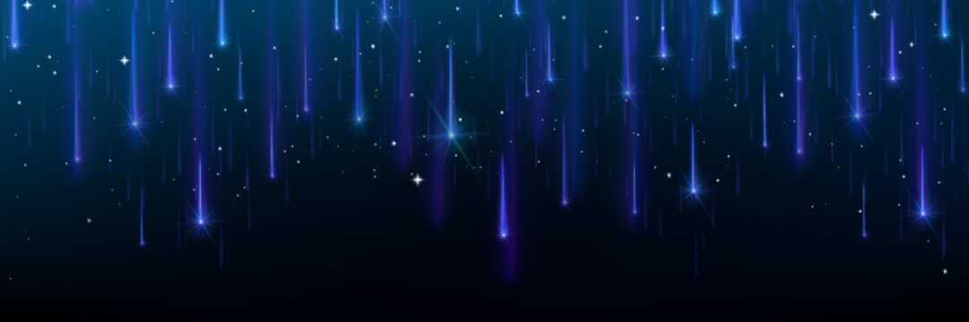 Meteor shower background with blue shooting stars falling through night sky - cosmic light trails and glowing particles for space wallpaper, celestial event design and astronomy themed digital art.