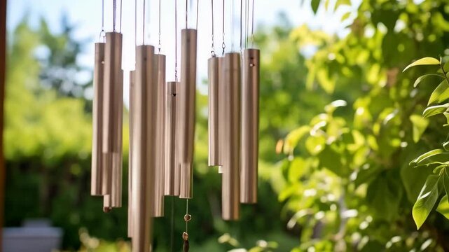 Close-up of metal wind chimes hanging outdoors with a garden in the background with bright green leaves and natural lighting creating a peaceful ambiance.