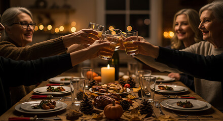 Warm Autumnal Gathering: Multigenerational Women Toasting at Festive Dinner Table