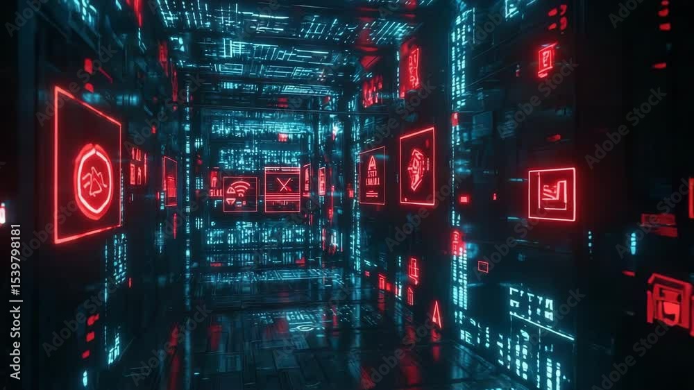 Poster A futuristic digital corridor filled with glowing cybersecurity warning symbols and neon circuit patterns.