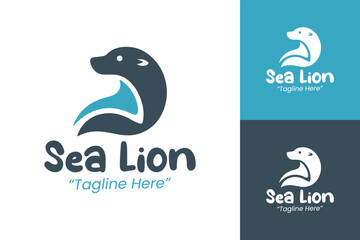 Fototapeta premium Stylish Sea Lion Logo with Waves in Blue and White for Business Branding