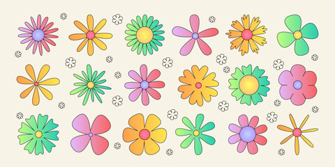 Colorful retro daisy flower set with rainbow gradient petals - groovy hippie style blooms in pink, orange, yellow and green for 70s design, psychedelic patterns and vintage spring decoration graphics.