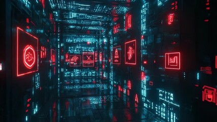 A futuristic digital corridor filled with glowing cybersecurity warning symbols and neon circuit patterns. - Powered by Adobe