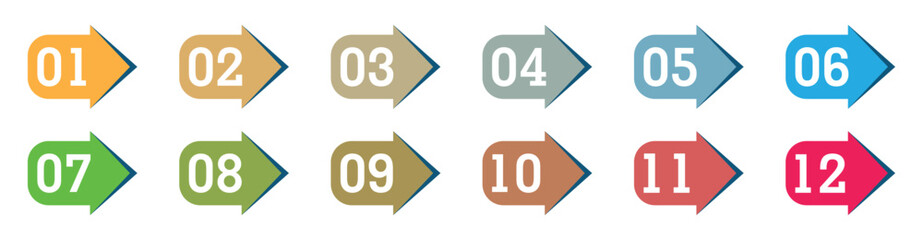Colorful Numbered Arrow Labels from 1 to 12 for Infographic or Timeline Design. Number Bullet point vector.