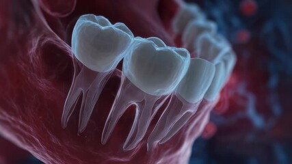 Medical visualization showing a glowing red pain center in a patient's jaw after a tooth extraction, gradually transitioning to an x ray view of the affected area