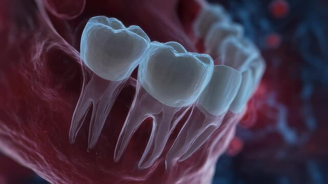 Medical visualization showing a glowing red pain center in a patient's jaw after a tooth extraction, gradually transitioning to an x ray view of the affected area