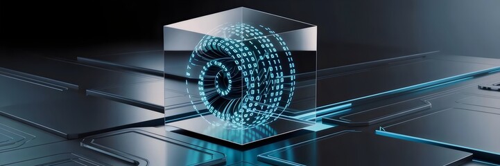 Futuristic cube with glowing binary code over metallic surface – Ideal for encryption concepts, high-tech promotions, or digital innovation content.