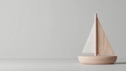 Simple wooden sailboat toy against a minimalist grey backdrop.  The toy is light-colored wood with a white sail