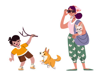 Happy person with dog illustration set - young kid playing fetch with corgi, stylish woman carrying puppy in bag while walking. Flat cartoon characters for pet care, lifestyle or friendship designs.