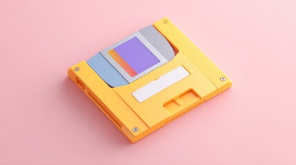 single vintage floppy disk rests on plain pastel-colored surface with ample copy space around creating clean image