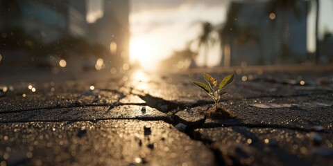 Young Sprout Emerging from Cracked Asphalt at Sunrise in the City