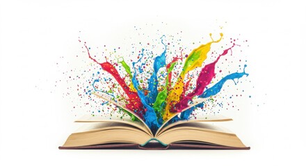 Open Book Exploding with Colorful Paint Splashes