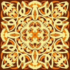 Geometric patterns in the style of native art are expressed with sharp yellow and orange lines on a dark brown background. The symmetrical structure resembles a flower or star, giving it a handmade.