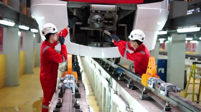 Electric Train Maintenance Training Center, male Two engineer employees wearing uniforms conduct safety inspections and control the work of electric train inspection technicians