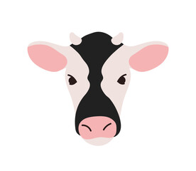 Dairy cow head, face avatar with black mark. Rural cattle, farm animal, countryside livestock portrait. Beef meat icon, organic agriculture. Flat vector illustration isolated on white background