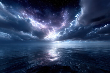 Fototapeta premium Majestic clouds illuminated by cosmic light over calm ocean waters at night