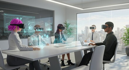Virtual Reality Business Meeting Diverse Team Collaborating with Holographic Data