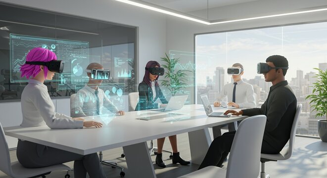 Virtual Reality Business Meeting Diverse Team Collaborating with Holographic Data