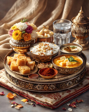 Woman viewing moon through sieve on Karva Chauth An elegantly arranged traditional Indian feast. Mehndi hands and diya light during fasting Traditional Indian bridal attire for Karva Chauth