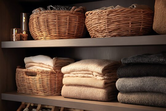 Clothes and storage baskets neatly arranged on closet shelves.