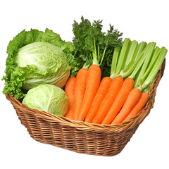 Fresh vegetable harvest carrots cabbage and celery in a rustic basket indoor kitchen healthy eating concept