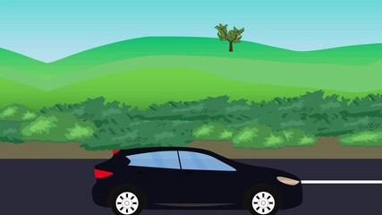Auto car running on the road, 2d cartoon animation with nature fields and trees background