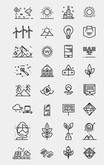 Fototapeta premium Set of 30 line icons representing sustainability, renewable energy, ecology, and environmental conservation concepts.