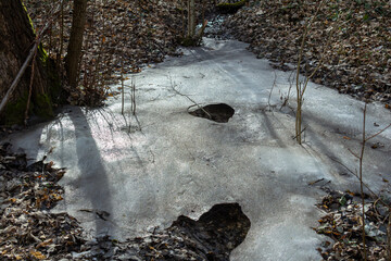 Frozen stream with holes and leaves in winter landscape showcasing nature's transition from ice to...