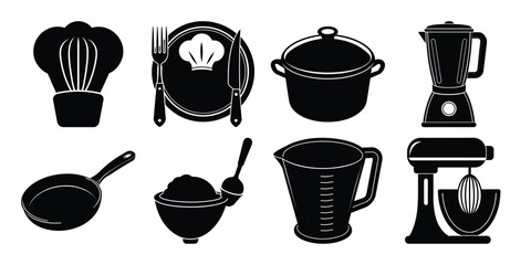 set of kitchen tools silhouette on white background