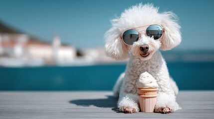White dog is sitting on a dock with an ice cream cone in its mouth. The dog is wearing sunglasses and he is enjoying a day by the water
