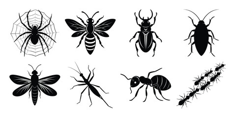set of insects silhouettes on white background