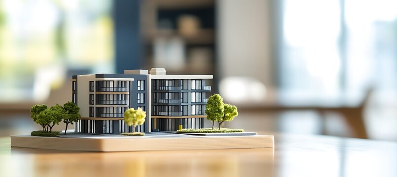 Small Modern Building Design Model in Office Setting Featuring a Clear Side Area Intended for Marketing or Branding Use