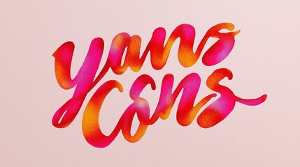 Colorful watercolor brush lettering spelling "yawns cons" on a textured light pink background.