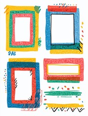 Four colorful, hand-drawn rectangular frames with abstract patterns and decorative elements on a white background.