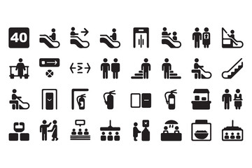 Public space wayfinding glyph icon set. Vector pictograms of navigation, emergency, escalator, elevator, stairs, info desk, extinguisher, food court, black sign silhouette illustration.