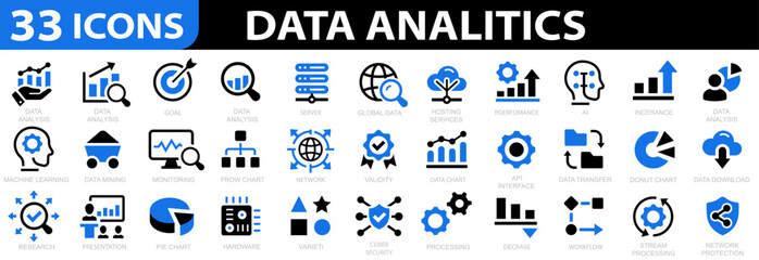 Data analysis 33 icon set. Data analysis technology symbol. Vector illustration