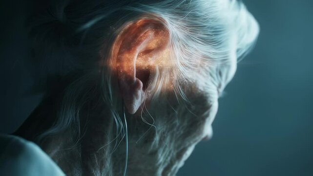 Medical visualization depicts an elderly woman's enhanced selective hearing, focusing on a specific sound amidst background noise, showcasing advanced audio processing and cognitive function