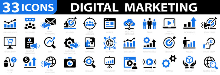 Digital marketing 33 icon set. Social, networks, feedback, communication, marketing, ecommerce. Vector illustration.