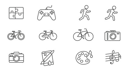Fototapeta premium Set of bold line icons representing various hobbies and interests including puzzle, video game controller, running, and biking.
