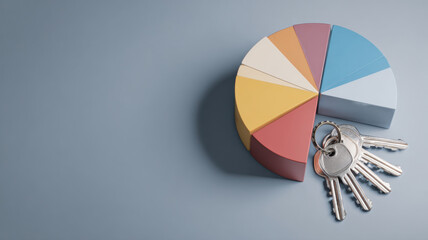big pie chart Lock and many bar chart small keys, representing business security, protection, and confidentiality