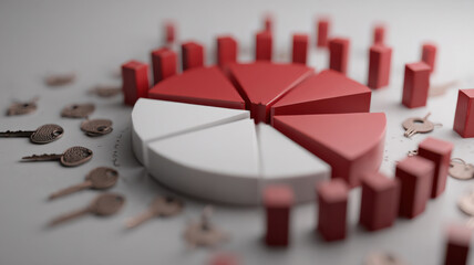 big pie chart Lock and many bar chart small keys, representing business security, protection, and confidentiality